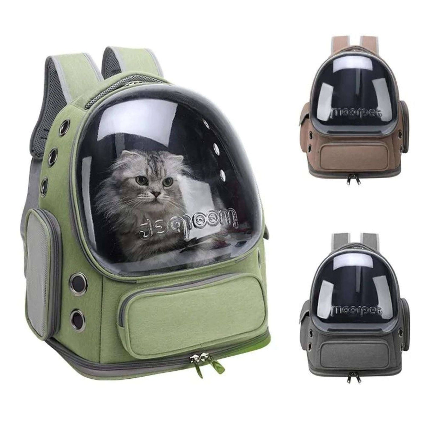 Gray astronaut-style pet backpack carrier for cats and puppies, breathable transparent space capsule outdoor travel bag by TrendyPet's Zone.