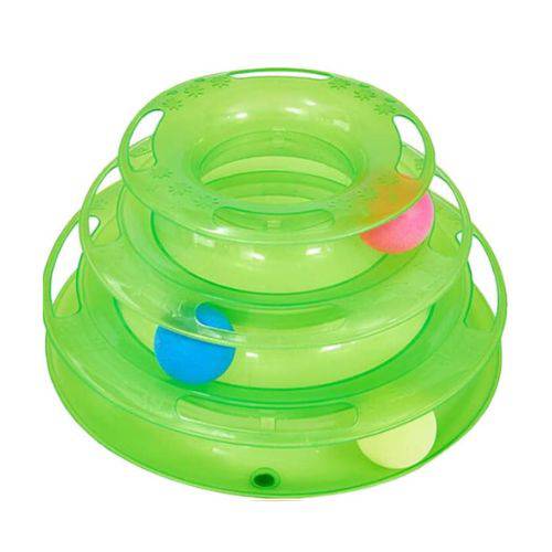 Green 3/4 levels plastic cat toy tower with tracks, discs, and tumbling balls for kitten training and interactive play.