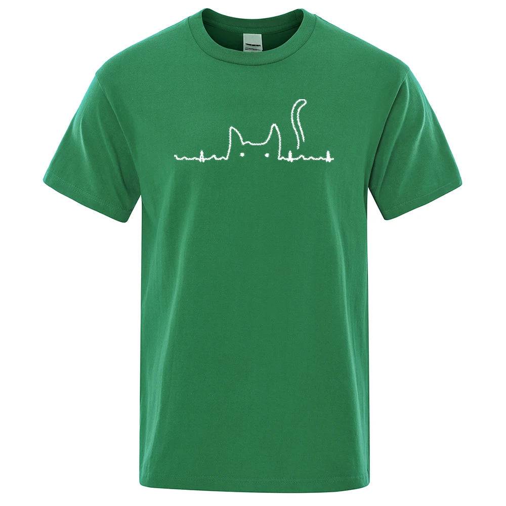Green Casual Men's T-Shirts Cat Cute Printed Summer Cotton O-Neck Short Sleeve Top Tee T-shirts - TrendyPet's Zone