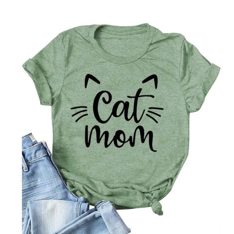 Green "Cat Mom" Vivid Letter Print Women T-Shirt Short Sleeve O-Neck Loose Ladies Tee Tops Clothes TRENDYPET'S ZONE