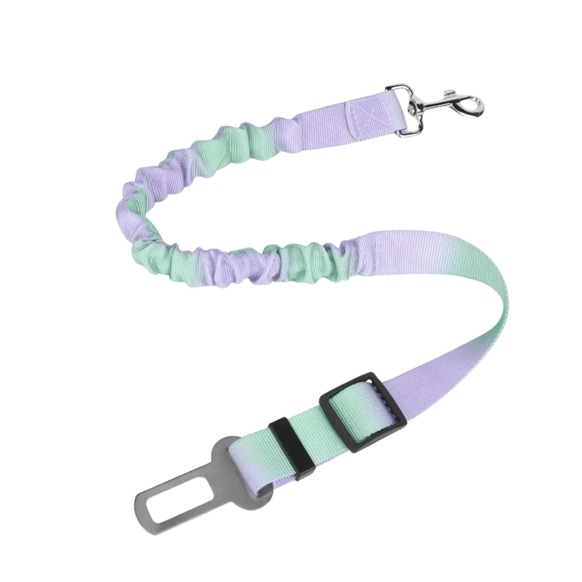 Green and purple pastel elastic pet car seat belt leash for dogs and cats, adjustable shock-absorbing safety harness tether.