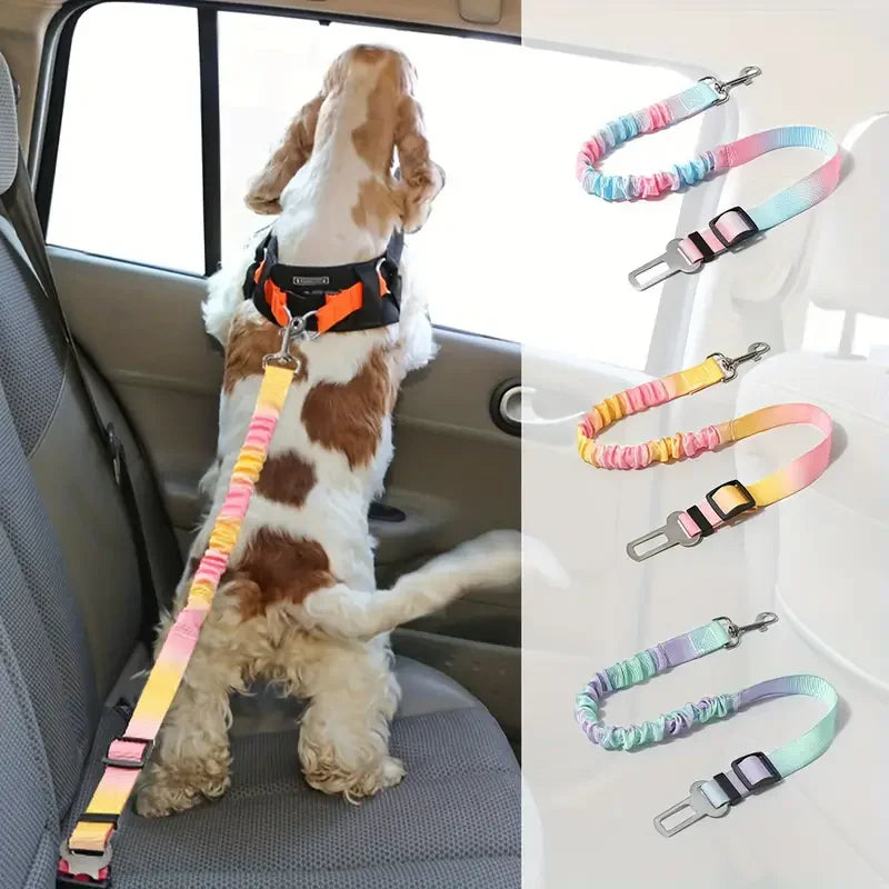 Pastel blue and pink elastic pet car seat belt leash with adjustable shock-absorbing harness for dogs and cats.