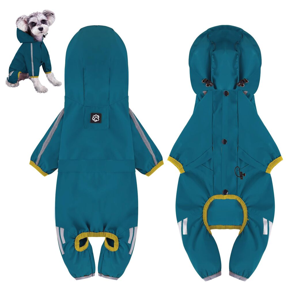 Green reflective waterproof dog raincoat stylish jumpsuit by TrendyPet's Zone, designed for outdoor protection and visibility.