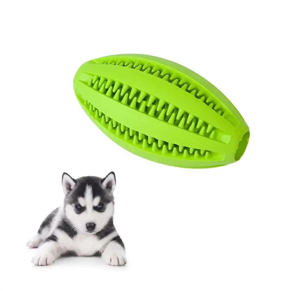Green rubber dog ball toy from TrendyPet's Zone, interactive chew toy for small and big dogs, promotes tooth cleaning and play.