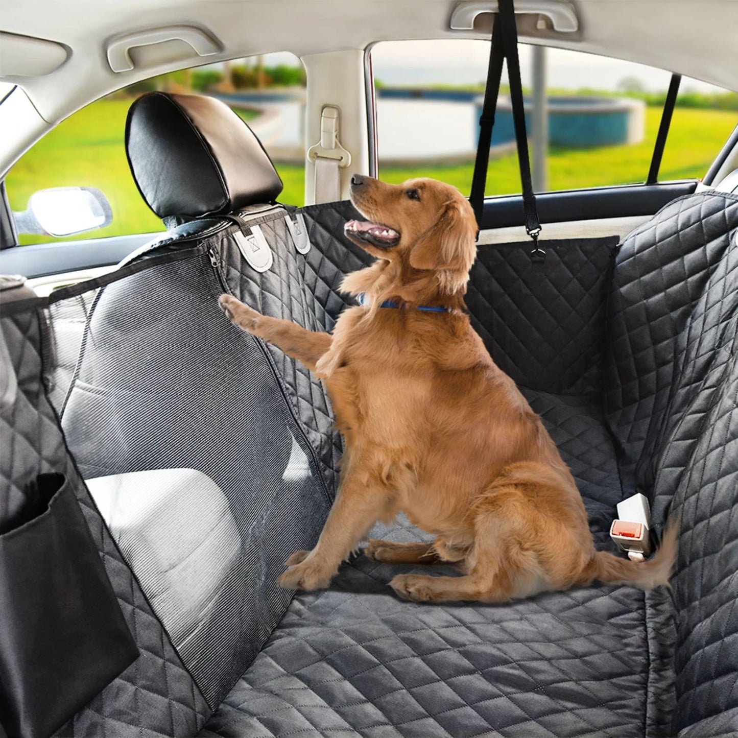 Black waterproof dog car seat cover by TrendyPet's Zone, protects rear seats and functions as a travel hammock for pets.