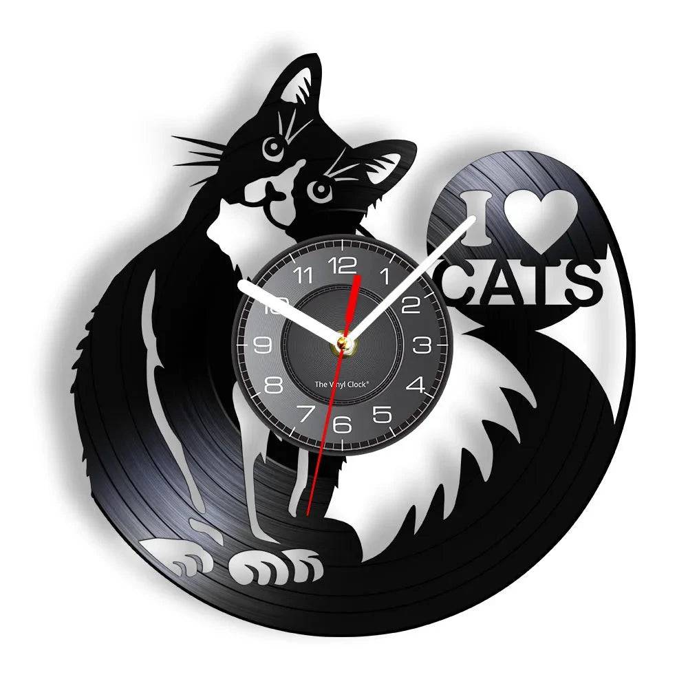 I Love Cats Wall Art (LED) Silhouette Kitten Cat Home Decor Wall Clock Black Kitty Vinyl Record Clock Cat Pet Lover TRENDYPET'S ZONE