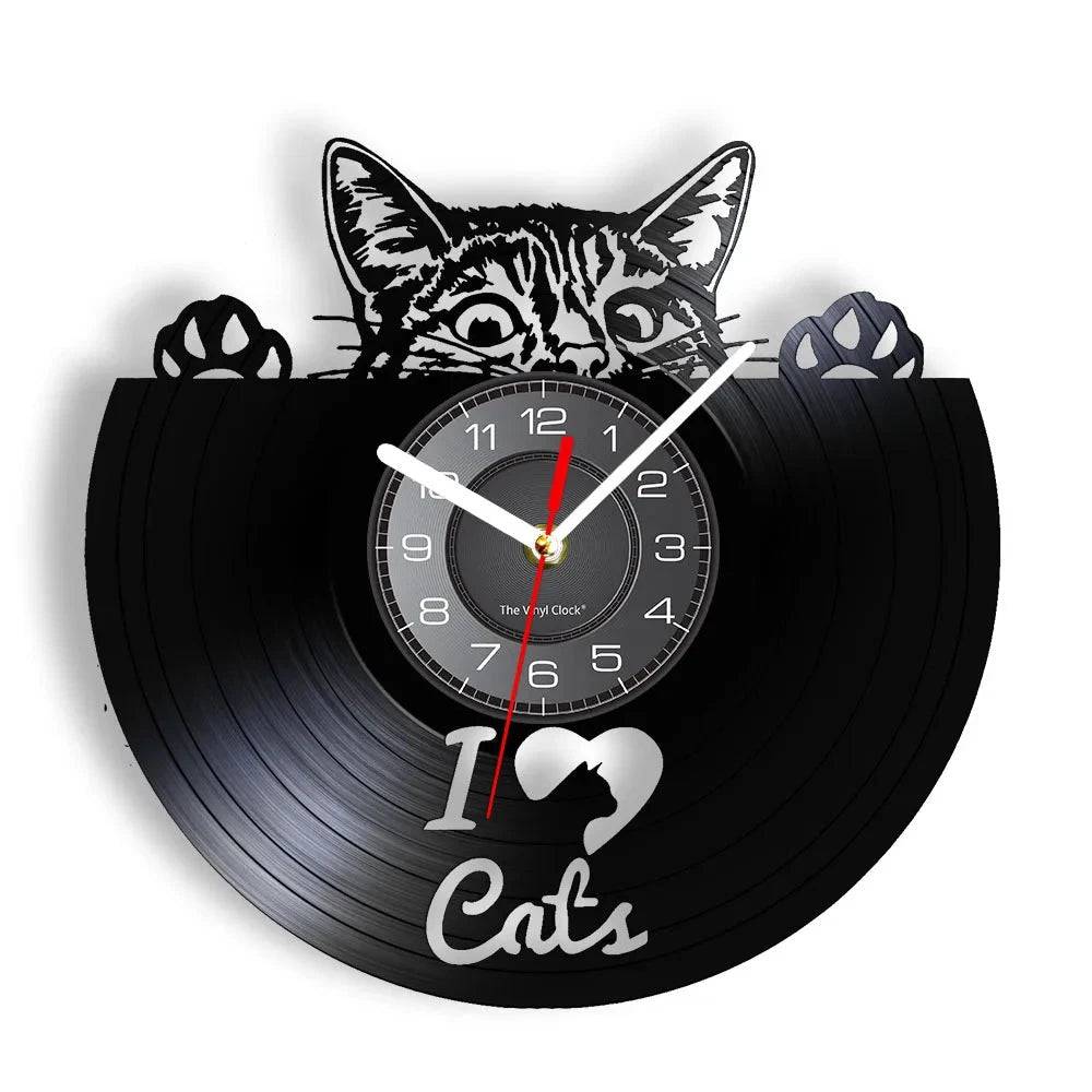 I Love Cats Wall Art (WITHOUT LED) Silhouette Kitten Cat Home Decor Wall Clock Black Kitty Vinyl Record Clock Cat Pet Lover TRENDYPET'S ZONE