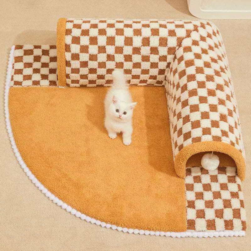 Khaki 2-in-1 Plush Plaid Semicircular Tunnel Cat Bed Checkered, Foldable, Detachable Stylish & Washable Soft Cave Nest with Toy Balls TRENDYPET'S ZONE