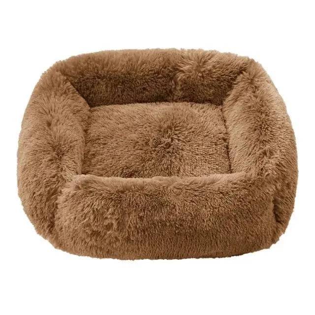 TrendyPet's Zone khaki fluffy dog sofa bed with plush interior, suitable for small to large dogs, ideal for indoor winter warmth.
