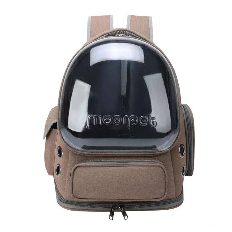 TrendyPet's Zone khaki astronaut-style pet carrier backpack with transparent window for cats and puppies, breathable and outdoor-ready.