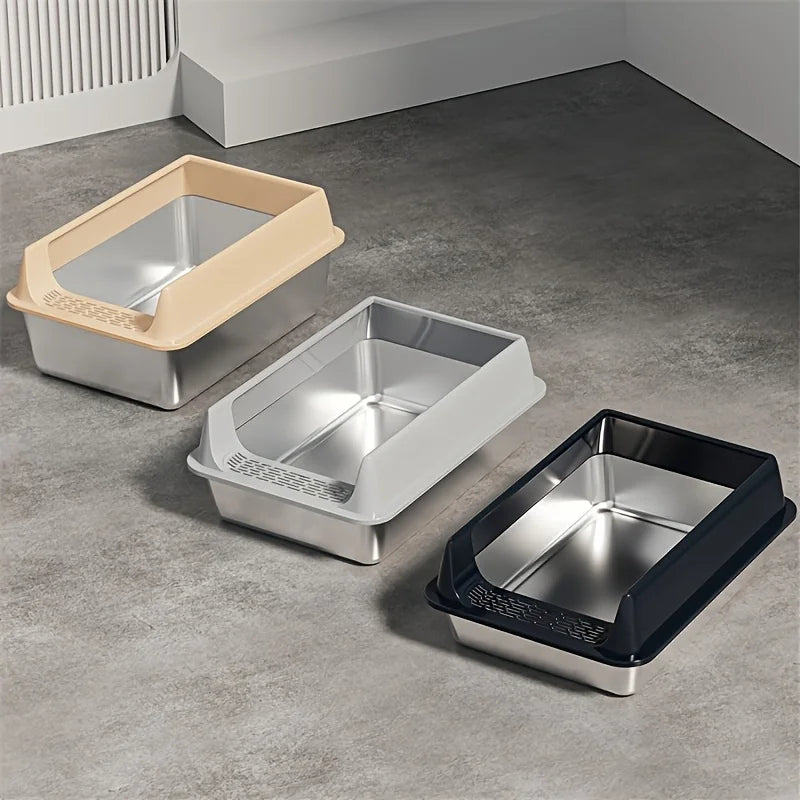 Black stainless steel cat litter box by TrendyPet's Zone, leak-proof and splash-proof, large size suitable for big cats with shiny surface.