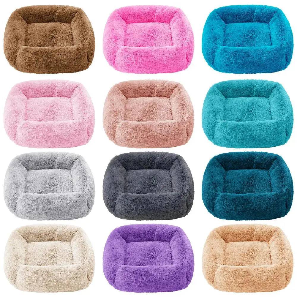 Pink leather fluffy dog sofa bed with plush interior, rectangular shape, suitable for small to large dogs, indoor winter warm pet shelter.