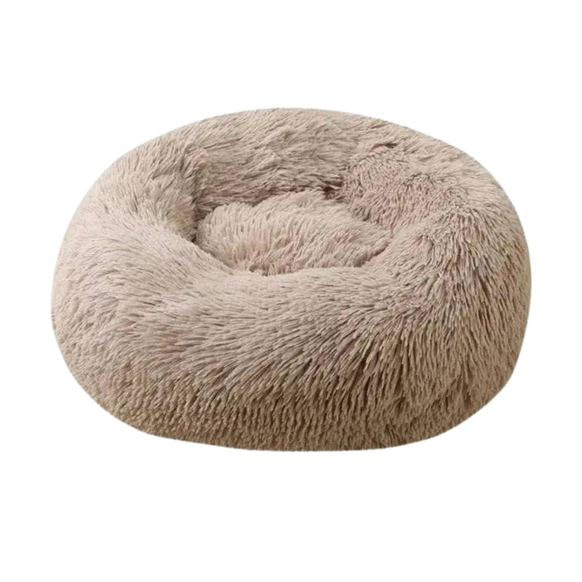 Light brown round plush pet bed for dogs and cats, super soft and calming, by TrendyPet's Zone.