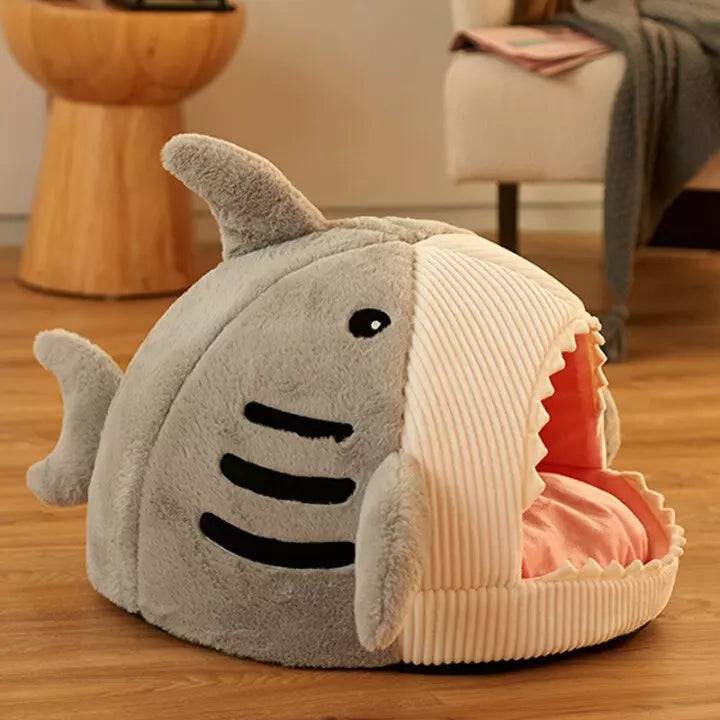 Light gray shark-shaped cat bed and hideout from TrendyPet's Zone, semi-closed nest perfect for kittens and small cats.