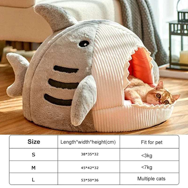 Light gray shark-shaped kitten bed and hideout mat from TrendyPet's Zone, semi-closed cozy house for cats and small pets.