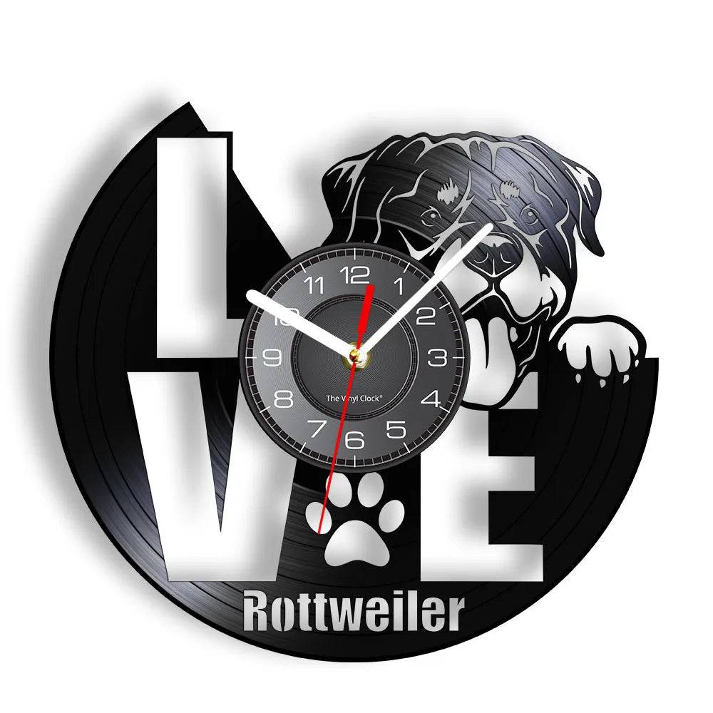 TrendyPet's Zone vinyl record wall clock featuring a Rottweiler dog breed design, silent operation, perfect for pet lovers' home decor