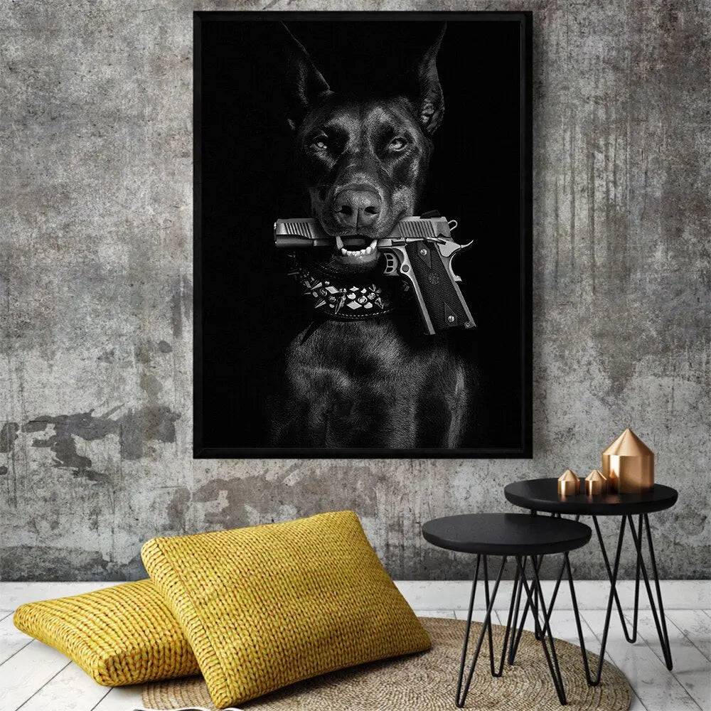 Modern black Doberman dog canvas wall art by TrendyPet's Zone, featuring a stylish dog portrait for contemporary room decor.