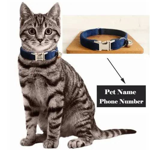 Navy Blue Cat Small Dog Collar with Bell Personalized Engraving ID Tag Nameplate Kitten Collars Necklace Small Dogs Puppy Bulldog Chihuahua Yorshire - TrendyPet's Zone