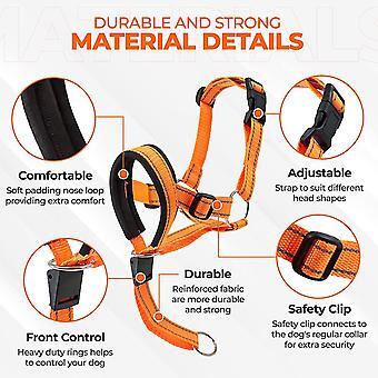 Orange adjustable nylon anti-bark dog muzzle and head halter from TrendyPet's Zone, designed for control and safety during walks.