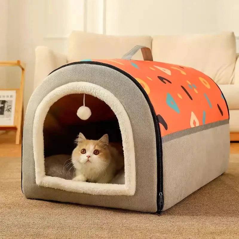 Orange Gray Breathable Warm Plush Pet Bed House Washable Soft Cat Kitten Cushion Kennel for Small Medium Pet Supplies - TrendyPet's Zone