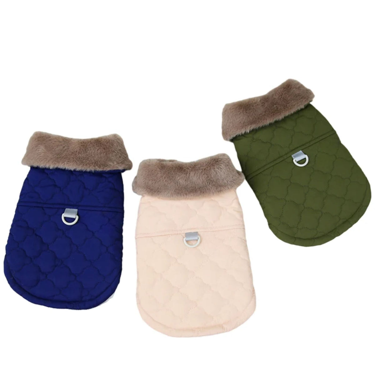 Blue quilted dog vest jacket with fur collar, water-resistant coat from TrendyPet's Zone for small dogs.