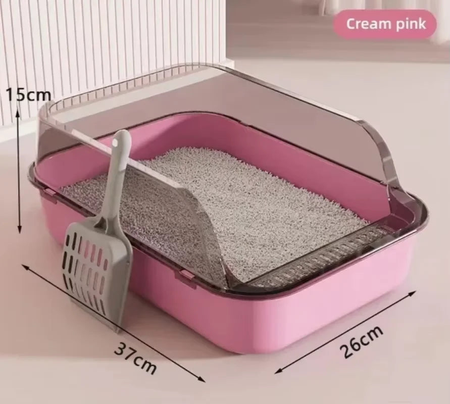 Pink Splashproof Semi-Enclosed Cat Litter Box with High Sides from TrendyPet's Zone, ideal for indoor kittens.