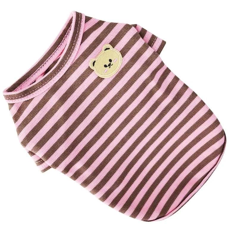 Pink summer T-shirt for small dogs with bear print and thin stripes, stylish pet clothing from TrendyPet's Zone.