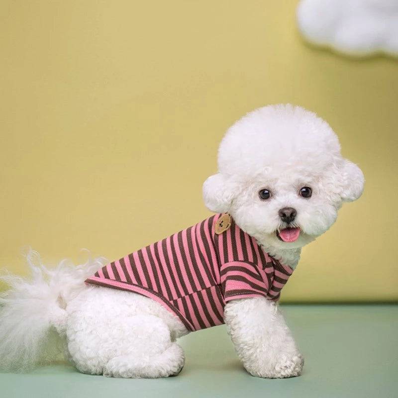 Pink summer T-shirt for small dogs with bear print and thin stripes, trendy pet clothing from TrendyPet's Zone.
