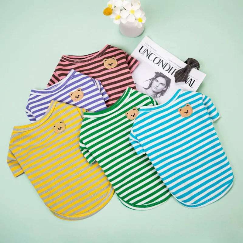 Pink summer T-shirt for small dogs by TrendyPet's Zone, featuring a bear print and thin striped design for puppy pet clothes.