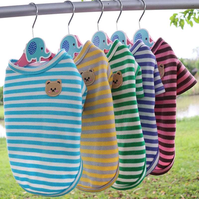 Pink summer T-shirt for small dogs featuring bear print and thin stripes, trendy pet clothing from TrendyPet's Zone.
