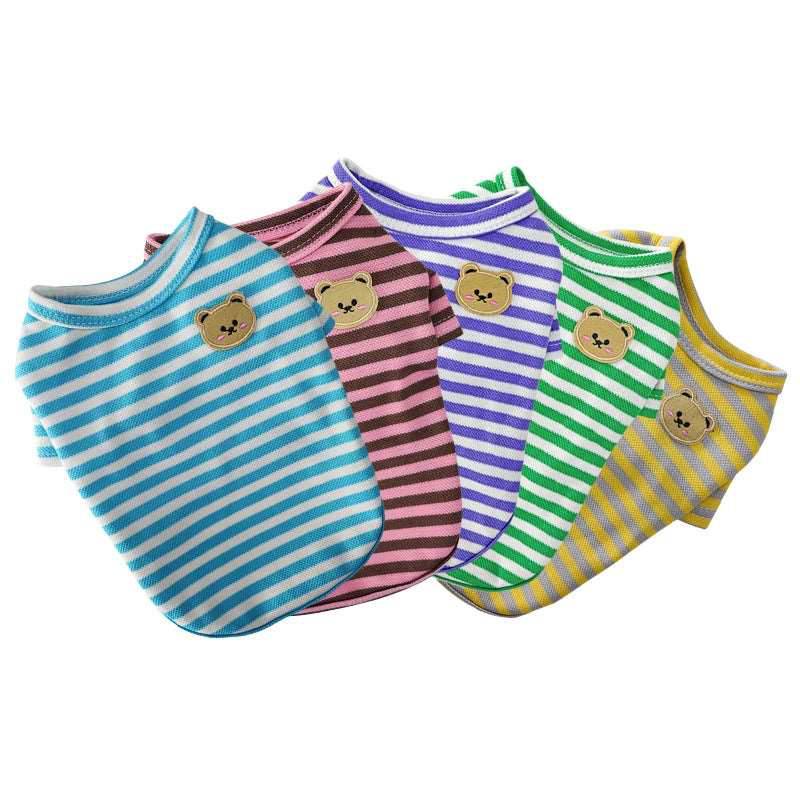 Pink summer T-shirt for small dogs with bear print and thin stripes, stylish pet clothes by TrendyPet's Zone.