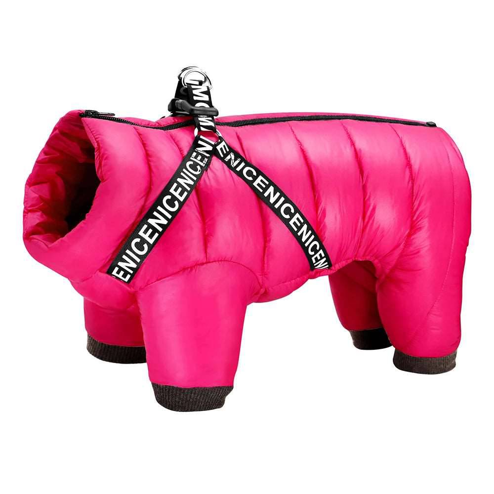 Pink waterproof dog coat with harness, super warm and stylish, by TrendyPet's Zone, designed for outdoor protection.