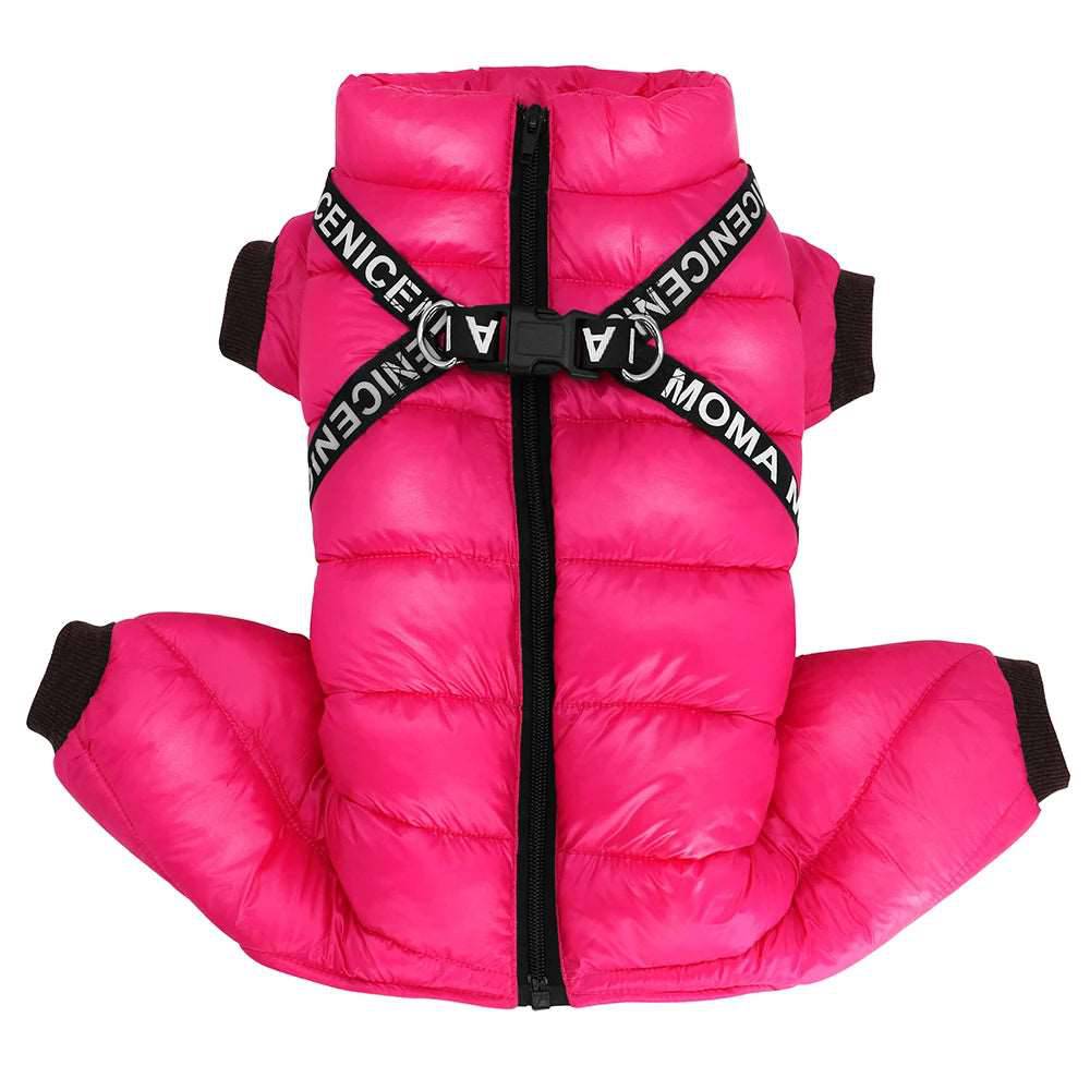 Pink waterproof dog coat with harness from TrendyPet's Zone, designed for warmth and outdoor protection for dogs.