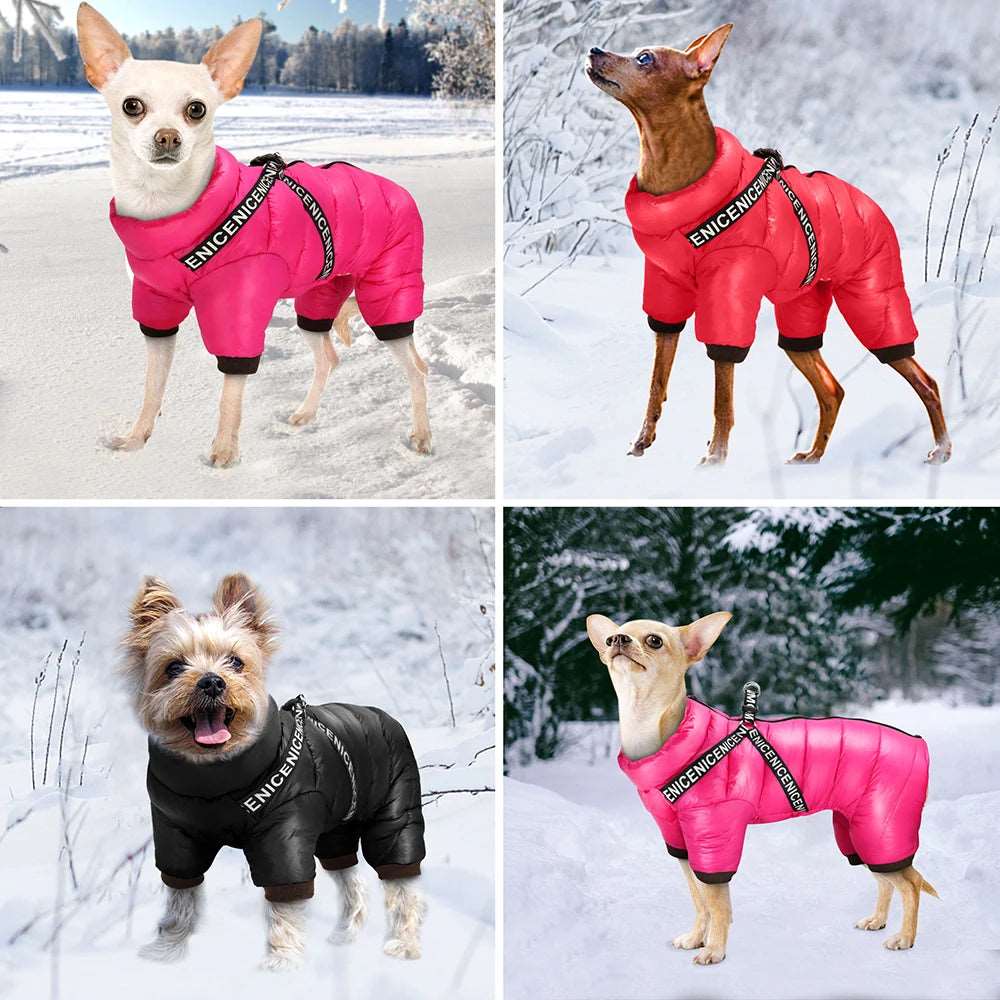 Pink waterproof dog coat with harness from TrendyPet's Zone, designed for warmth and protection in cold weather.
