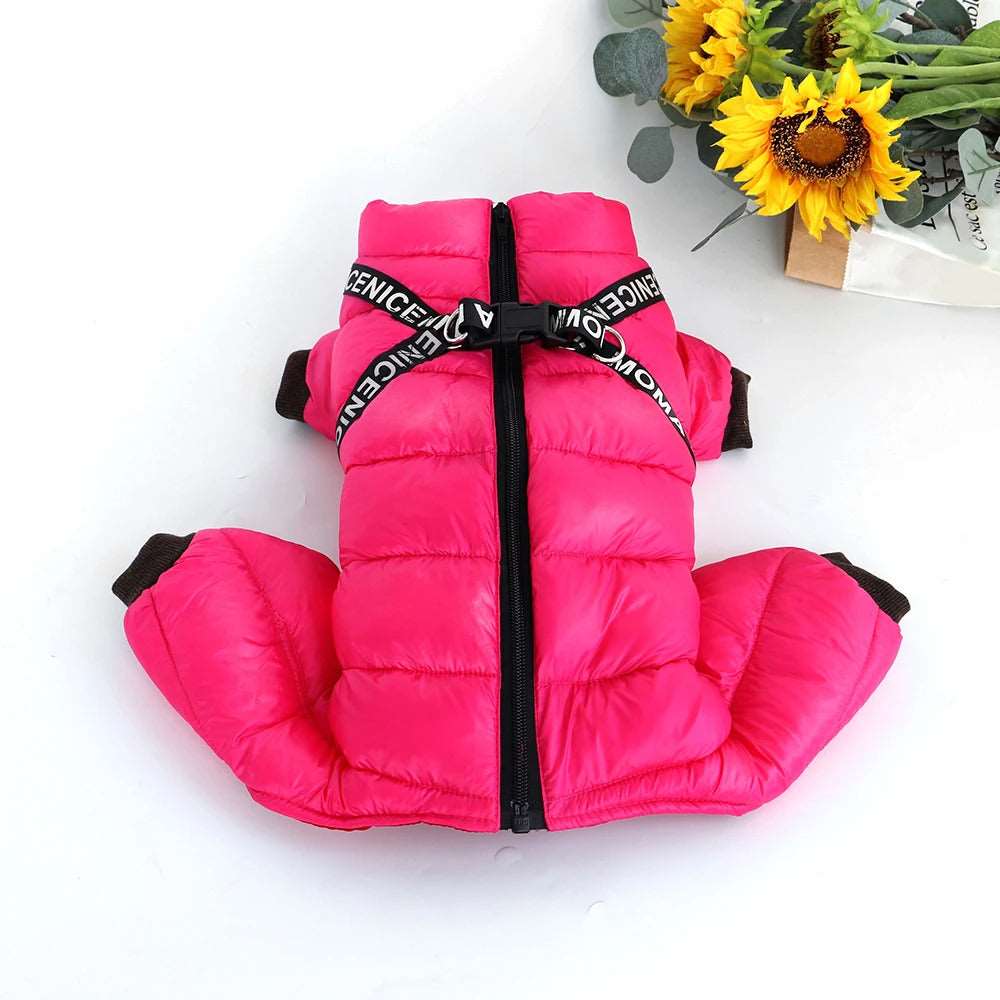 Pink waterproof dog coat with harness from TrendyPet's Zone, designed for warmth and outdoor protection.