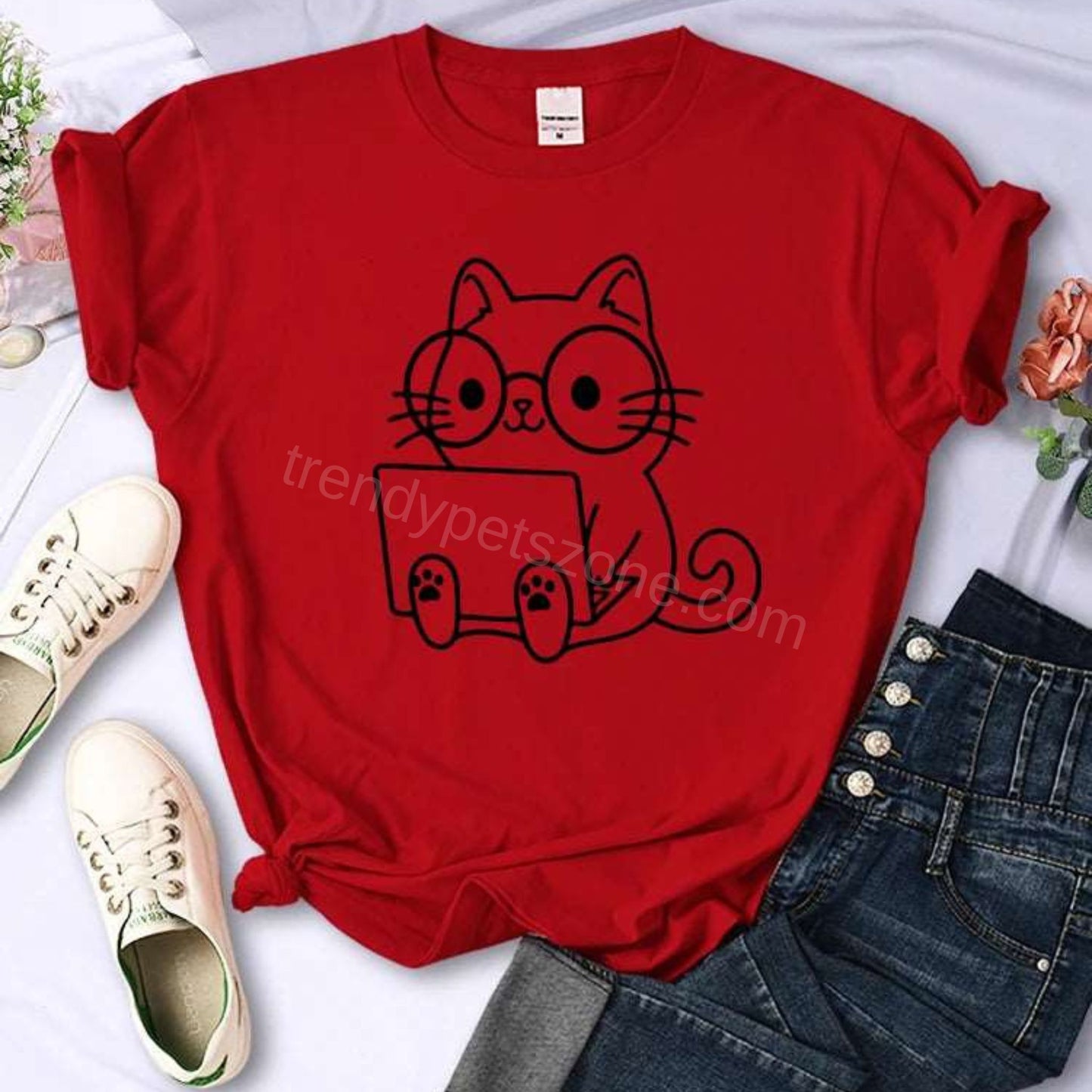 Red Careful Study Of Work Cat Sketches Women T-Shirt Personality Trend Casual Tee Clothing Street Creative Tops Female Short Sleeve TrendyPet's Zone