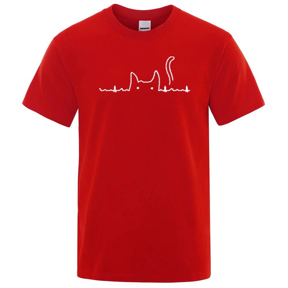 Red Casual Men's T-Shirts Cat Cute Printed Summer Cotton O-Neck Short Sleeve Top Tee T-shirts - TrendyPet's Zone