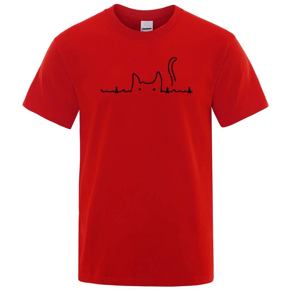 Red Casual Men's T-Shirts Cat Cute Printed Summer Cotton O-Neck Short Sleeve Top Tee T-shirts - TrendyPet's Zone