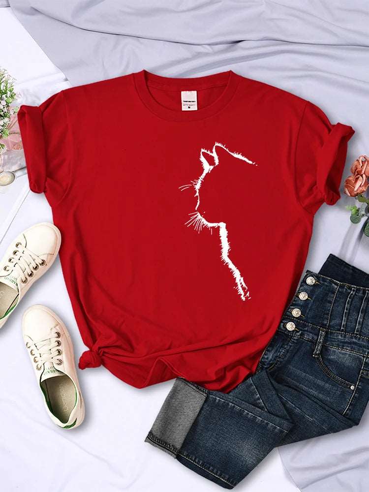 Red Cat Funny Printed Women T-Shirt Fashion Casual Short Sleeve O-Neck Tee Clothing Summer Tops - TrendyPet's Zone