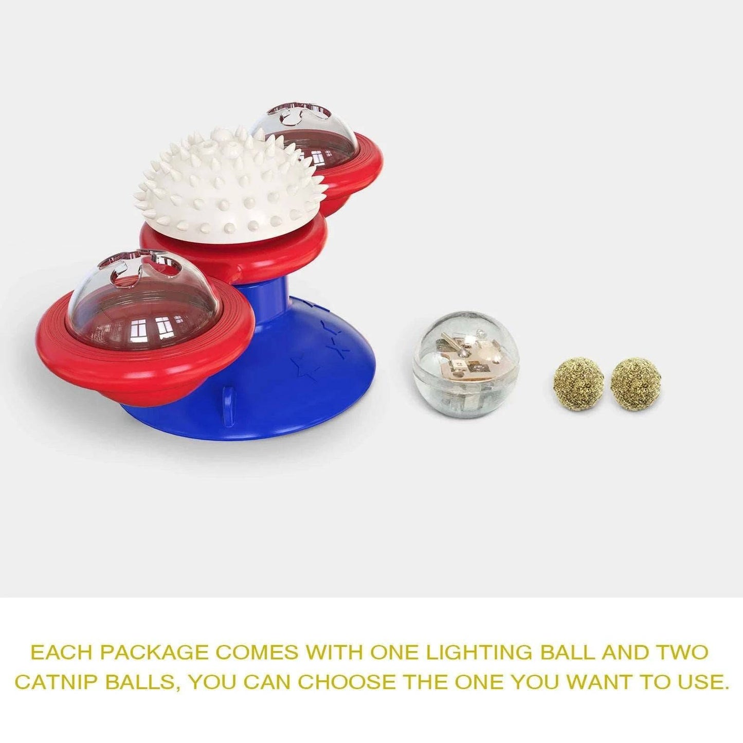 Red rotating windmill cat toy with LED lights on a turntable, featuring a suction cup base for interactive feline play.