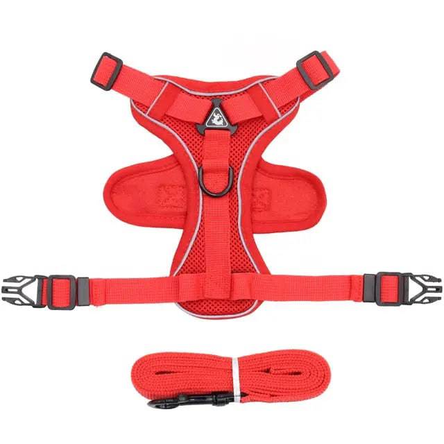 Red Dog Harness Leash Set Reflective Breathable Vest Adjustable Chest Strap - TrendyPet's Zone