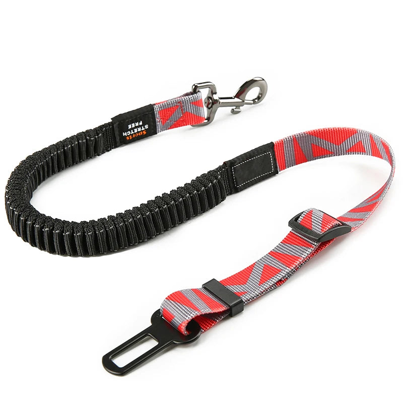 Red and gray adjustable dog car seat belt safety leash by TrendyPet's Zone, designed for secure vehicle pet travel harness attachment.