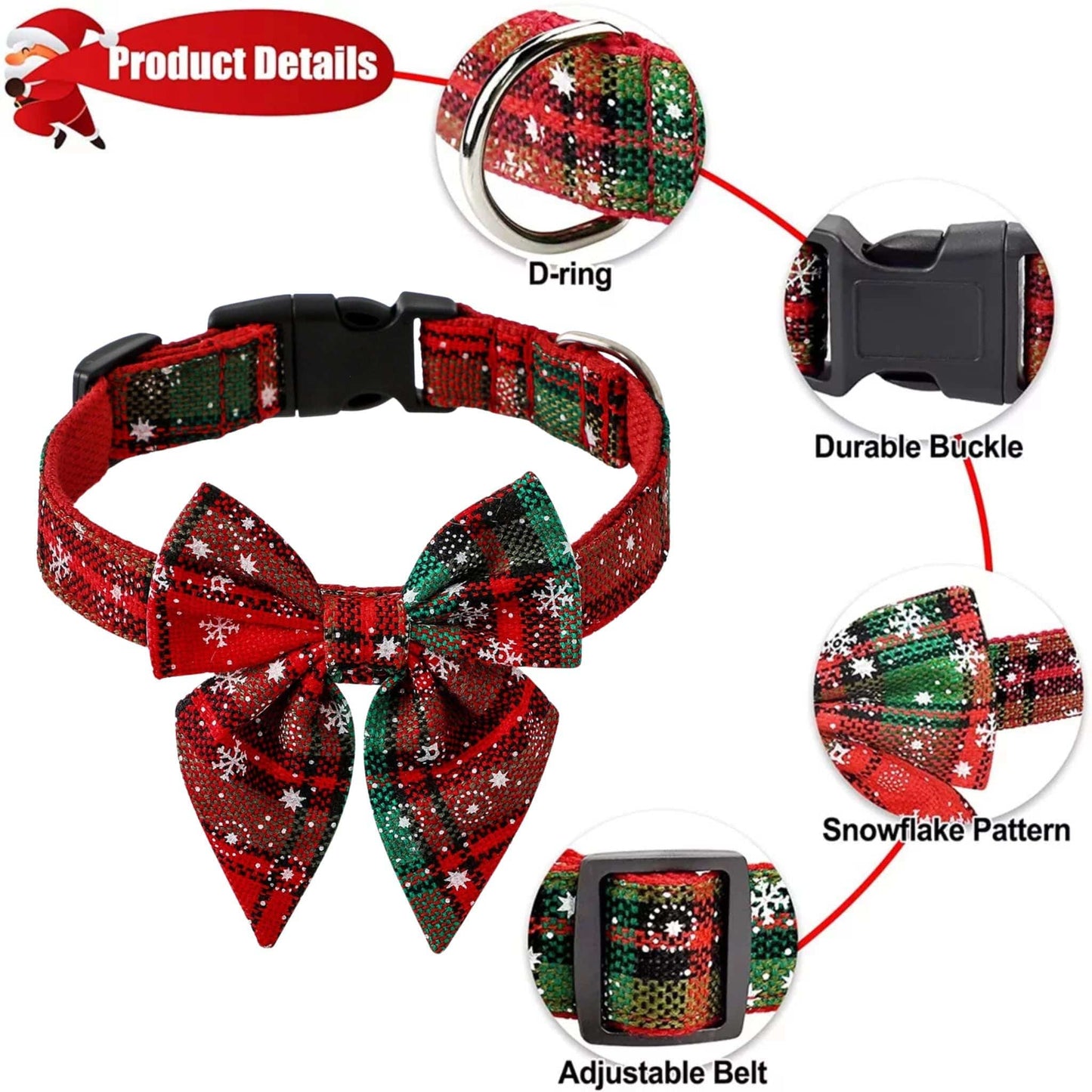 Red Green Christmas Snowflake Pet Collar Holiday Bow Design - TrendyPet's Zone
