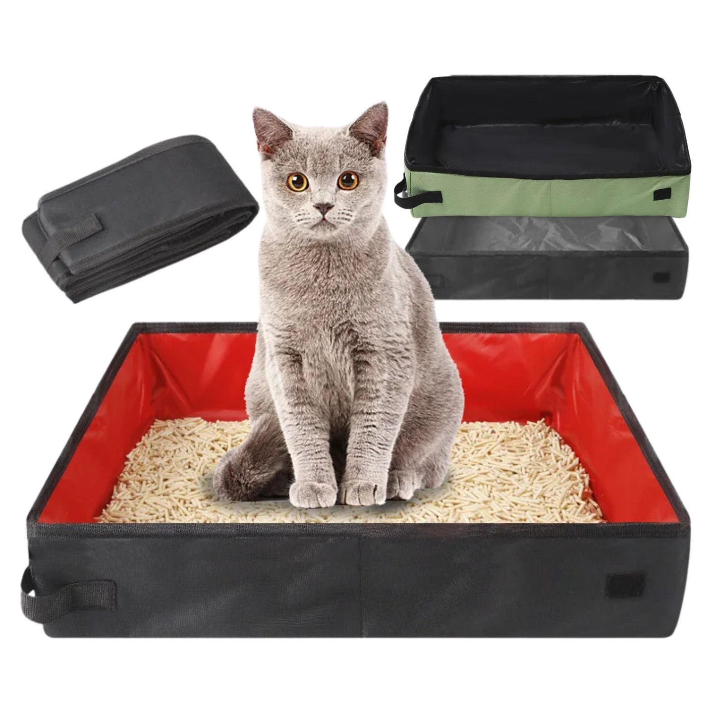 Black portable folding travel cat litter box by TrendyPet's Zone, waterproof and foldable pet toilet tray for outdoor road trips.
