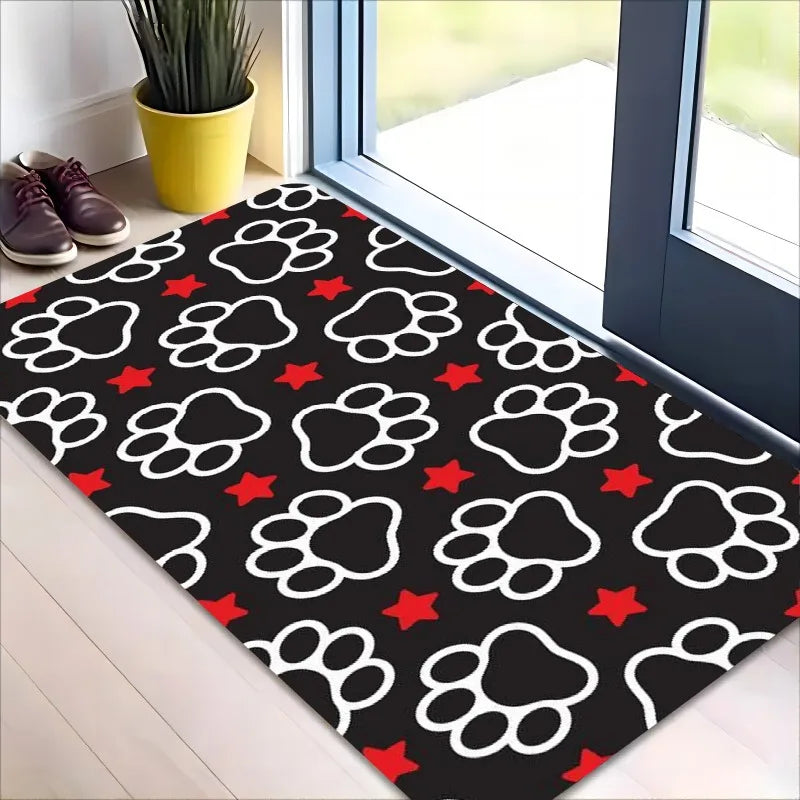 Red Stars Dog Paw Print Rug by TrendyPet's Zone, accent rug with cute pattern, perfect for living room, bedroom, or entryway.