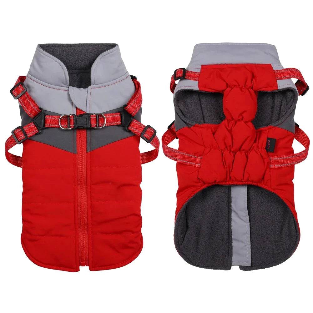 Red Warm Dog Coat Autumn Winter Jacket with Harness Cold Weather Waterproof Clothes Outfit - TrendyPet's Zone