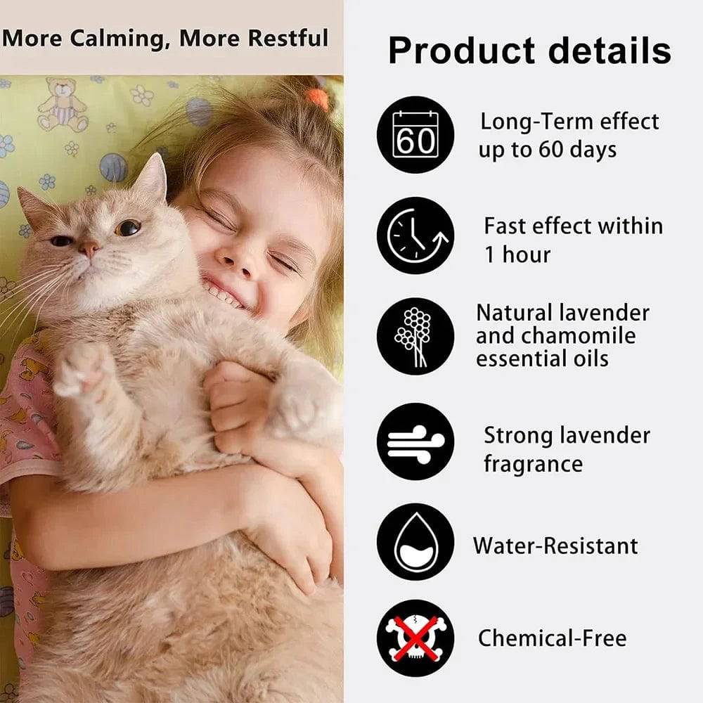 Pink calming cat collar by TrendyPet's Zone, adjustable with pheromone for anxiety relief, in a boxed OPP bag, lasts 60 days.
