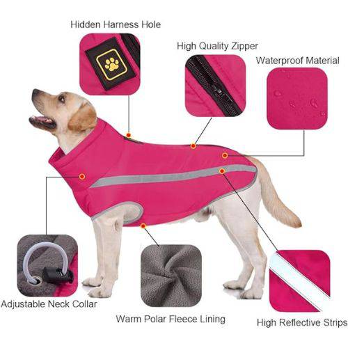Rose Red Waterproof Dog Clothes for Winter Warm Big Jackets Padded Fleece Pet Coat Safety Reflective Design - TrendyPet's Zone