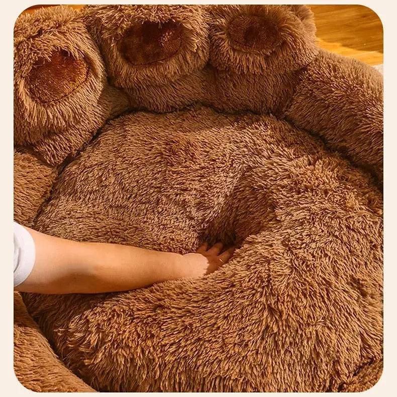Large light gray round dog bed mat with plush bear paw design, super soft, warm, and comfortable for pets.