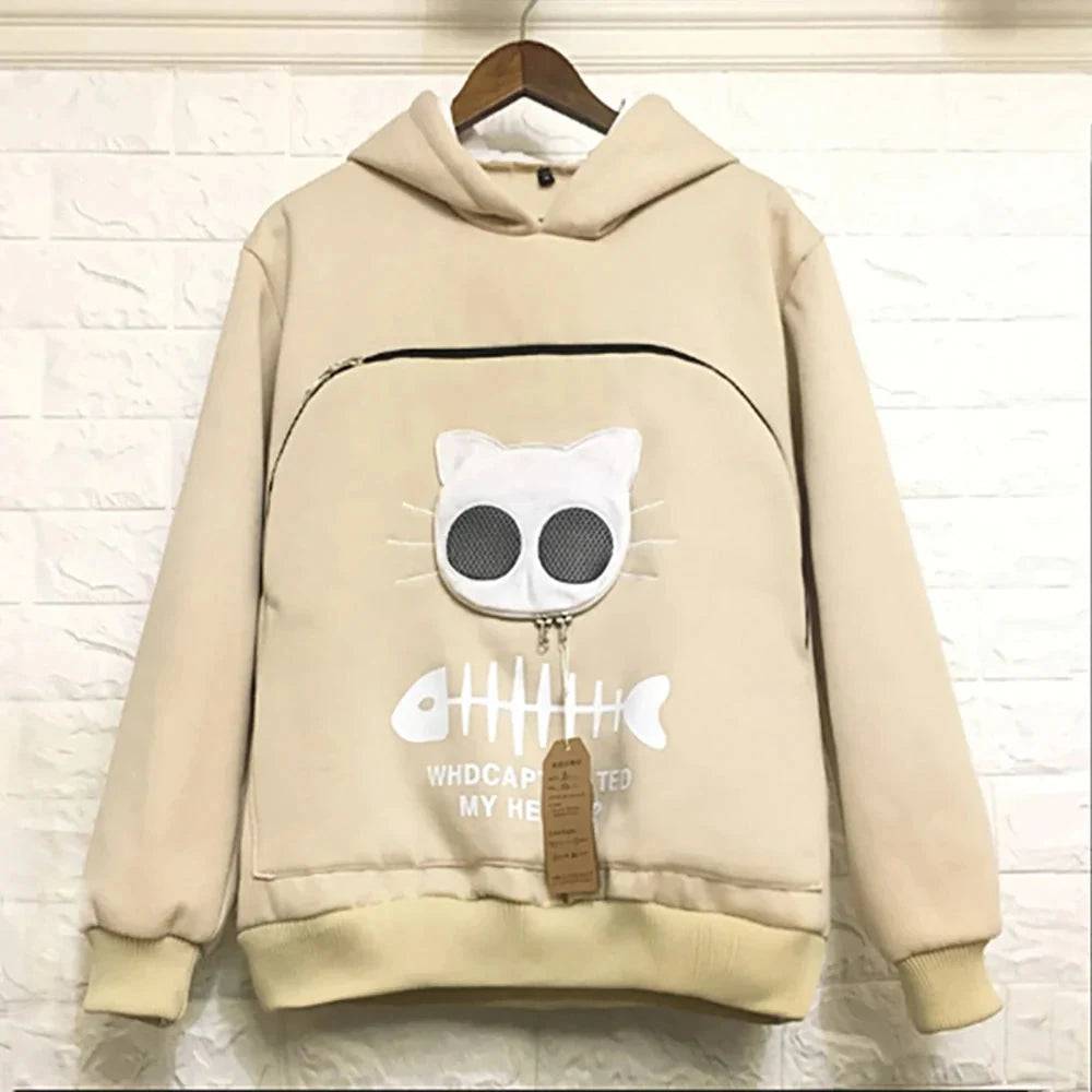 Yellow soil fish print sweatshirt with pet paw ears and cuddle pouch, designed for cat and dog lovers by TrendyPet's Zone.